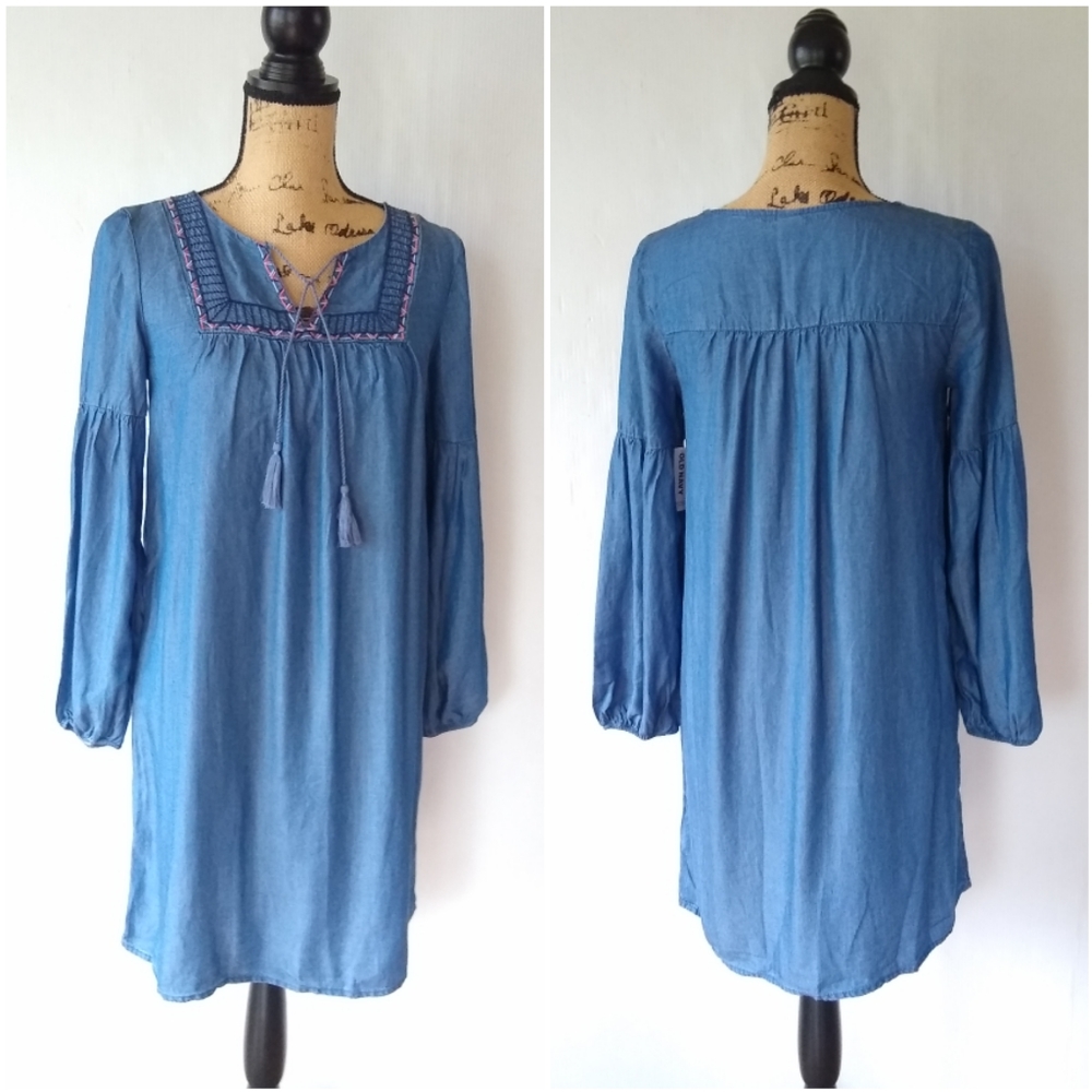 OLD NAVY Women's chambray tassle pheasant shift dress Summer Boho Size XS
